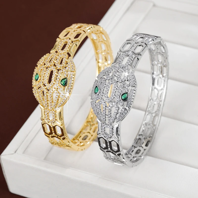 Creative Multi-Purpose Hollow Wide-Face Snake-Shaped Gemstone Bracelet Made Of Zirconium For Women As A Festive Gift
