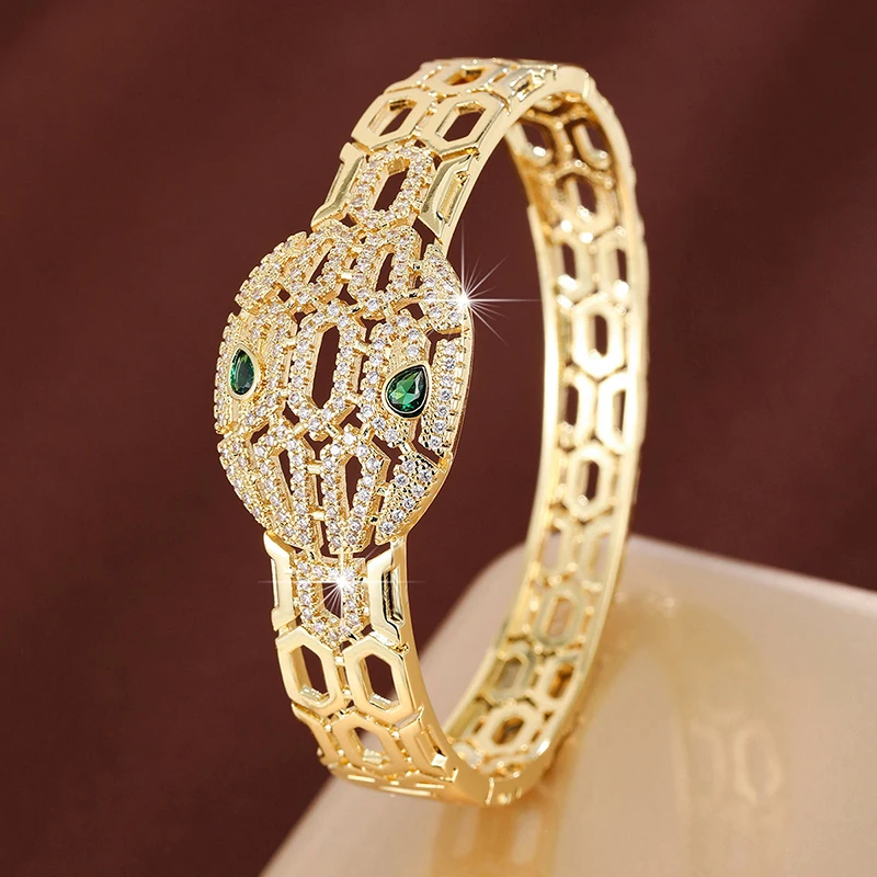Creative Multi-Purpose Hollow Wide-Face Snake-Shaped Gemstone Bracelet Made Of Zirconium For Women As A Festive Gift