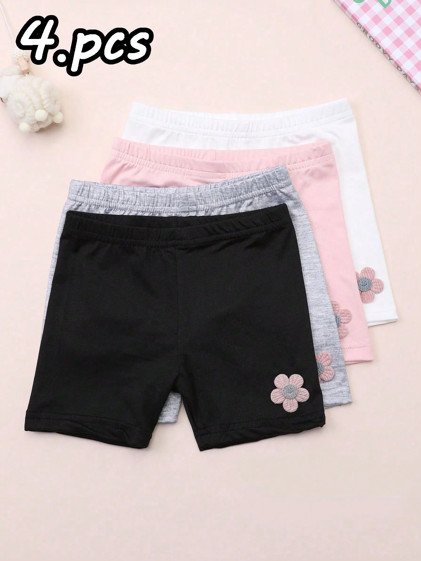 4 Pcs Summer Little Flower-Patterned Straight-Leg Kids Leggings Girls Safety Shorts Leggings for Children Aged 2-12Y Daily Wear