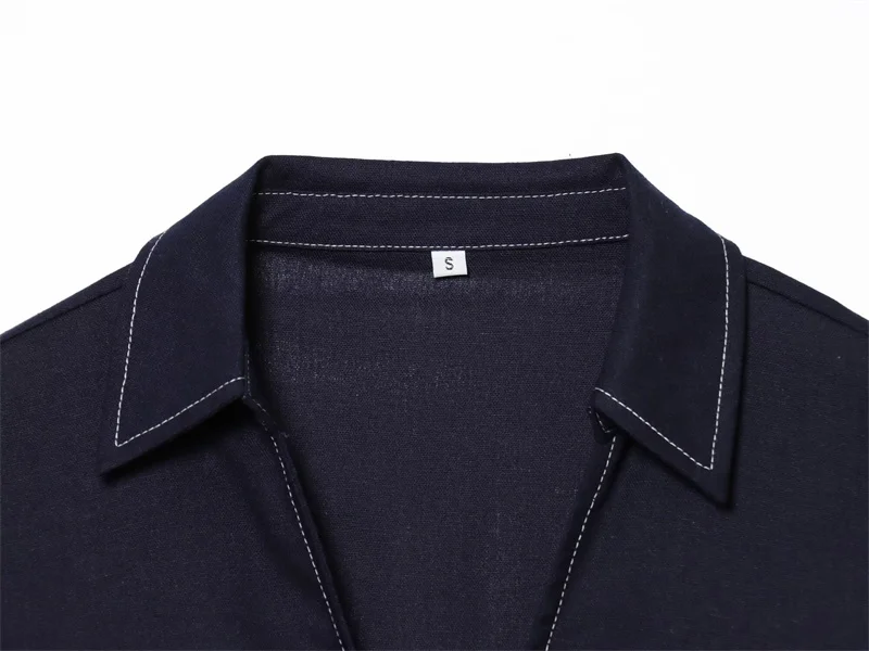 Women's Shirt 2026 Summer New Style Navy Short Sleeve Turn-Down Collar with Line Decoration Simple Pullover Shirt Fashionable