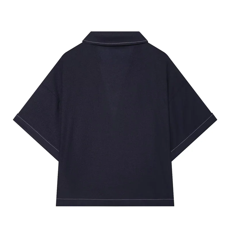 Women's Shirt 2026 Summer New Style Navy Short Sleeve Turn-Down Collar with Line Decoration Simple Pullover Shirt Fashionable