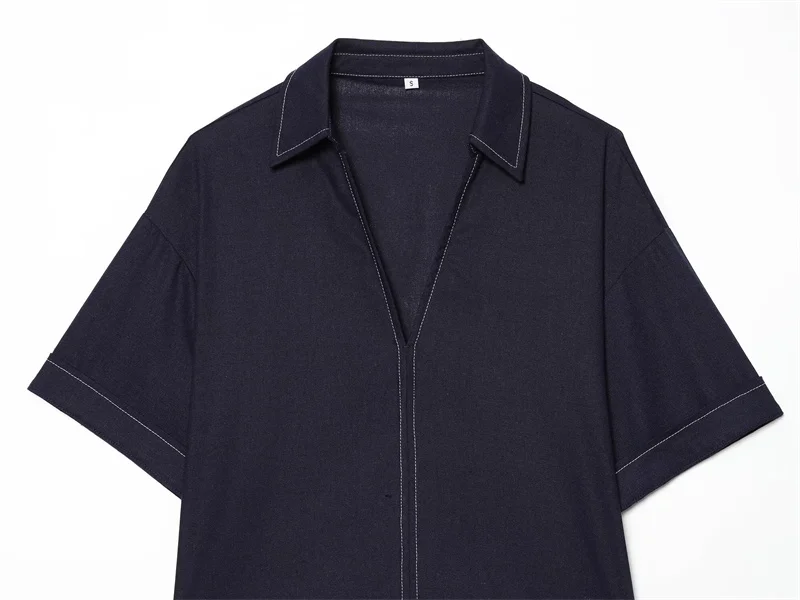 Women's Shirt 2026 Summer New Style Navy Short Sleeve Turn-Down Collar with Line Decoration Simple Pullover Shirt Fashionable