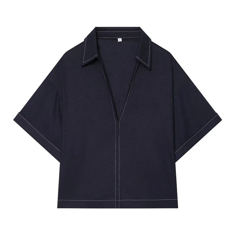 Women's Shirt 2026 Summer New Style Navy Short Sleeve Turn-Down Collar with Line Decoration Simple Pullover Shirt Fashionable