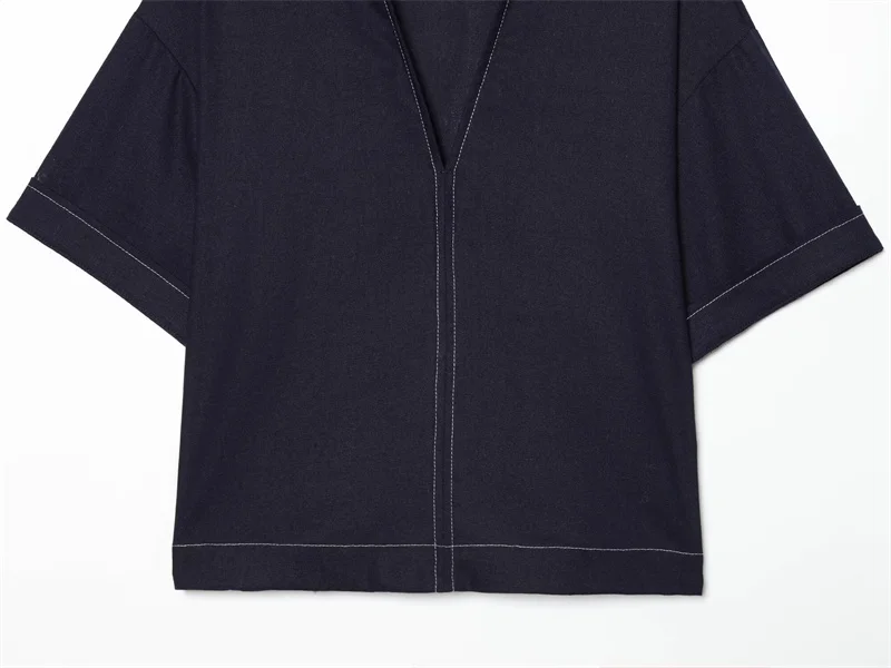 Women's Shirt 2026 Summer New Style Navy Short Sleeve Turn-Down Collar with Line Decoration Simple Pullover Shirt Fashionable