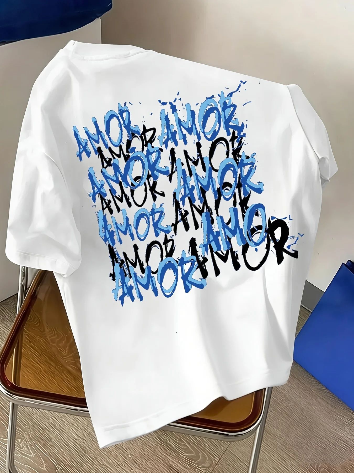 Blue and Black Graffiti Amor Text Print on Premium Soft 100% Cotton Mens T Shirt Perfect for Summer Urban Streetwear Style