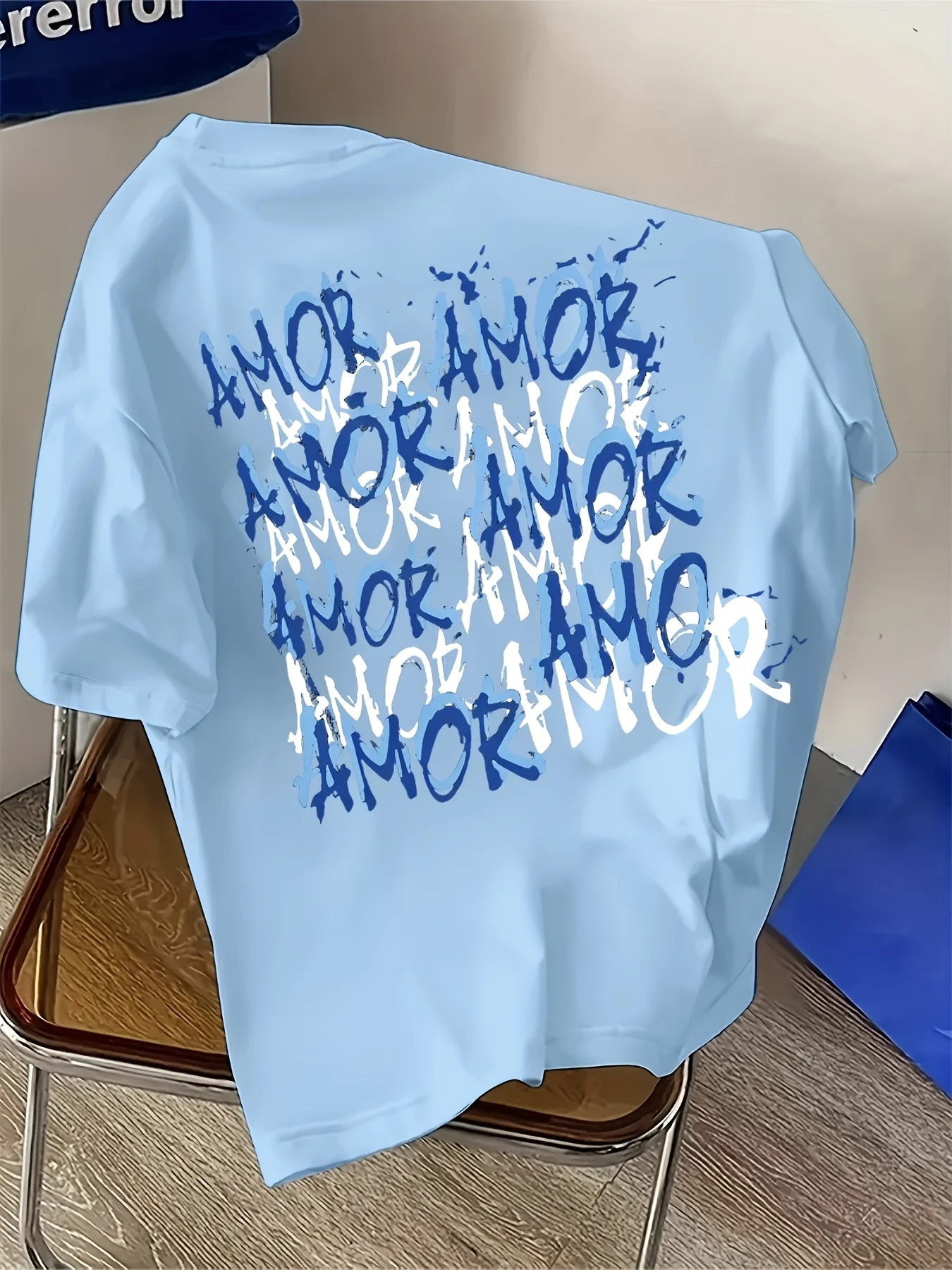 Blue and Black Graffiti Amor Text Print on Premium Soft 100% Cotton Mens T Shirt Perfect for Summer Urban Streetwear Style