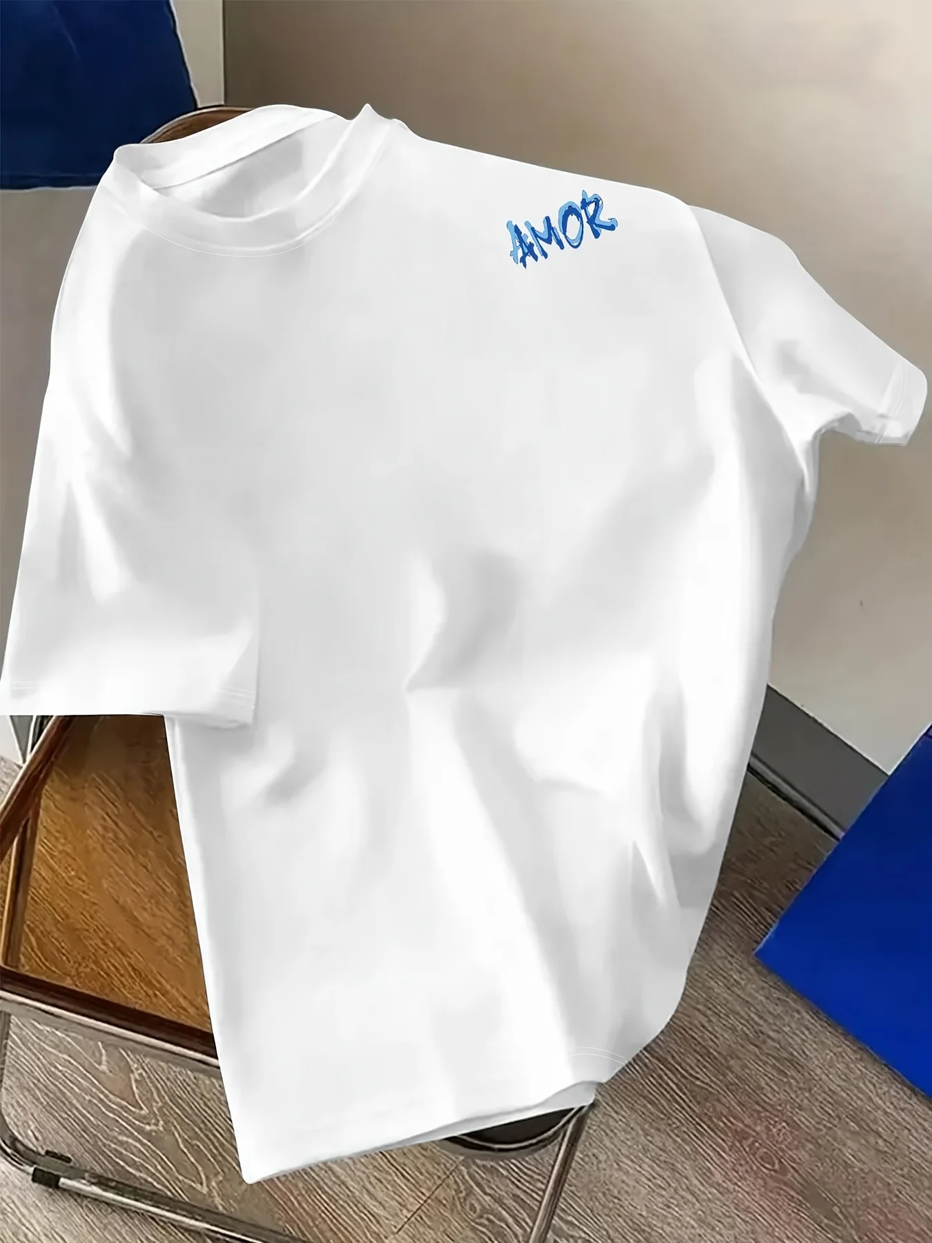 Blue and Black Graffiti Amor Text Print on Premium Soft 100% Cotton Mens T Shirt Perfect for Summer Urban Streetwear Style
