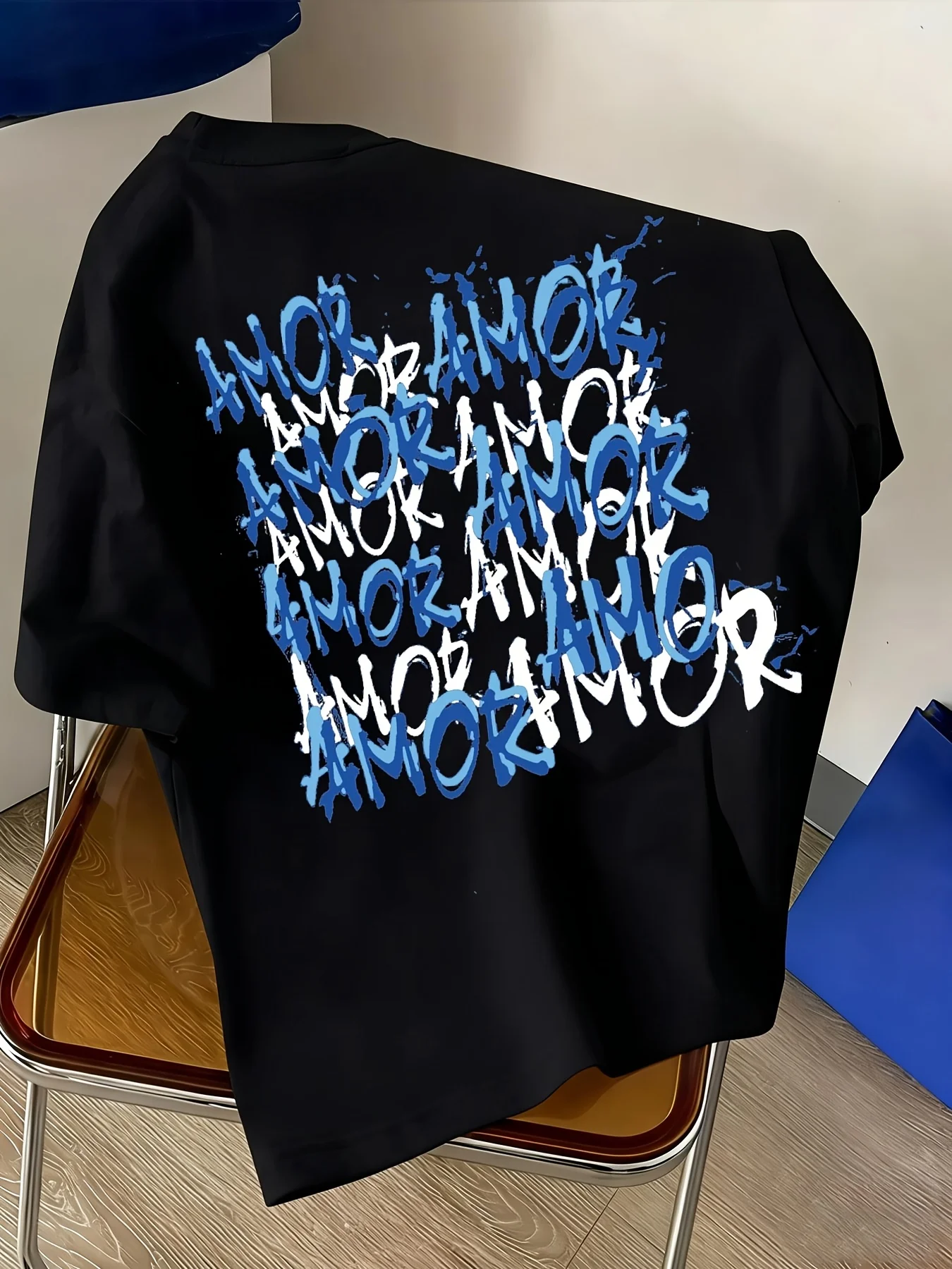 Blue and Black Graffiti Amor Text Print on Premium Soft 100% Cotton Mens T Shirt Perfect for Summer Urban Streetwear Style
