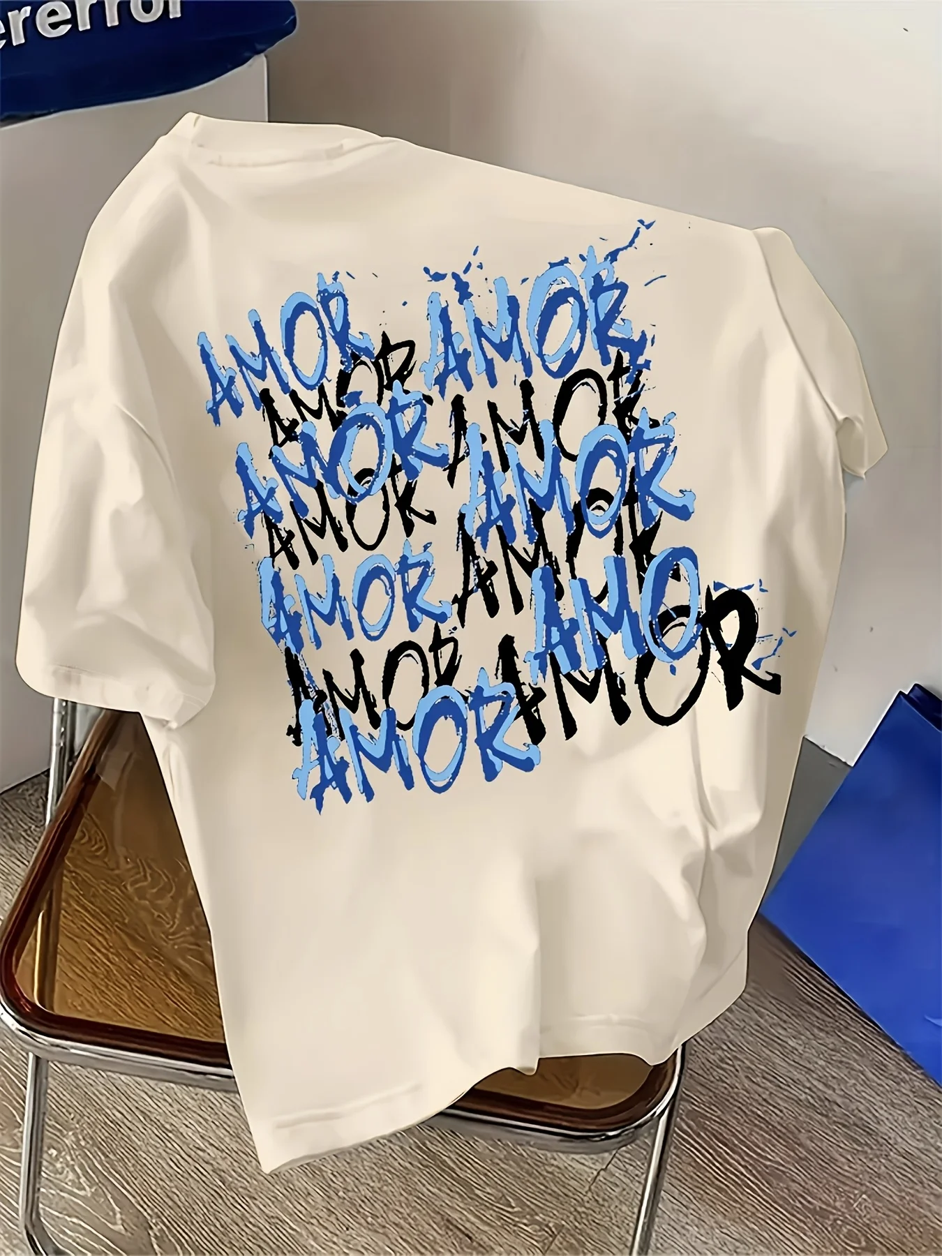 Blue and Black Graffiti Amor Text Print on Premium Soft 100% Cotton Mens T Shirt Perfect for Summer Urban Streetwear Style