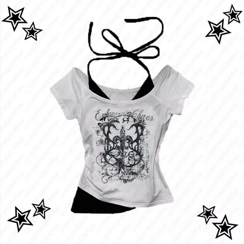Women's 90s Vintage Punk T-Shirts Summer Streetwear Sexy Short Sleeve Gothic Slim Crop Tops Hottie Casual Femme Tee Harajuku Y2k