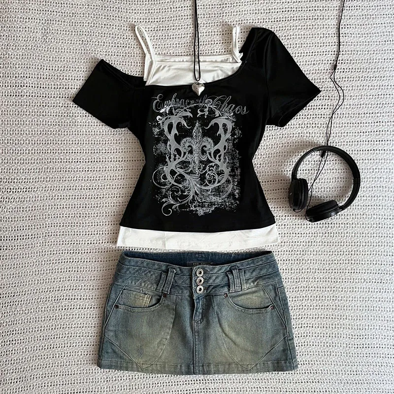 Women's 90s Vintage Punk T-Shirts Summer Streetwear Sexy Short Sleeve Gothic Slim Crop Tops Hottie Casual Femme Tee Harajuku Y2k