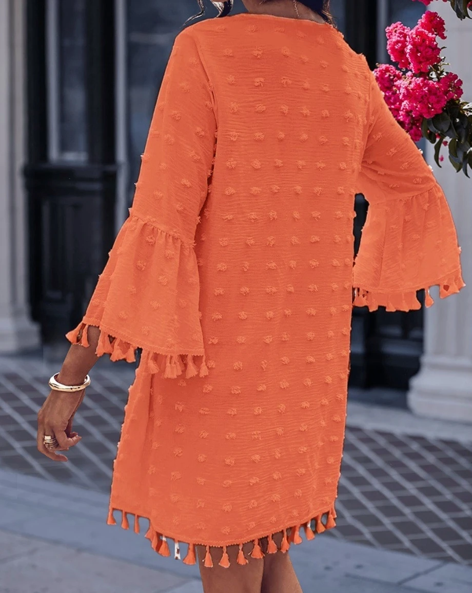 Women V Neck Tassel Hem Mini Dress With Flare Bell Sleeves And Textured Swiss Dot Design