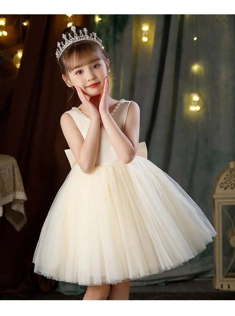 2-10 Years New Girls Princess Dress Summer Tulle Big Bow Girls Wedding Dress Piano Performance Costume Host Costume Kids Clothes