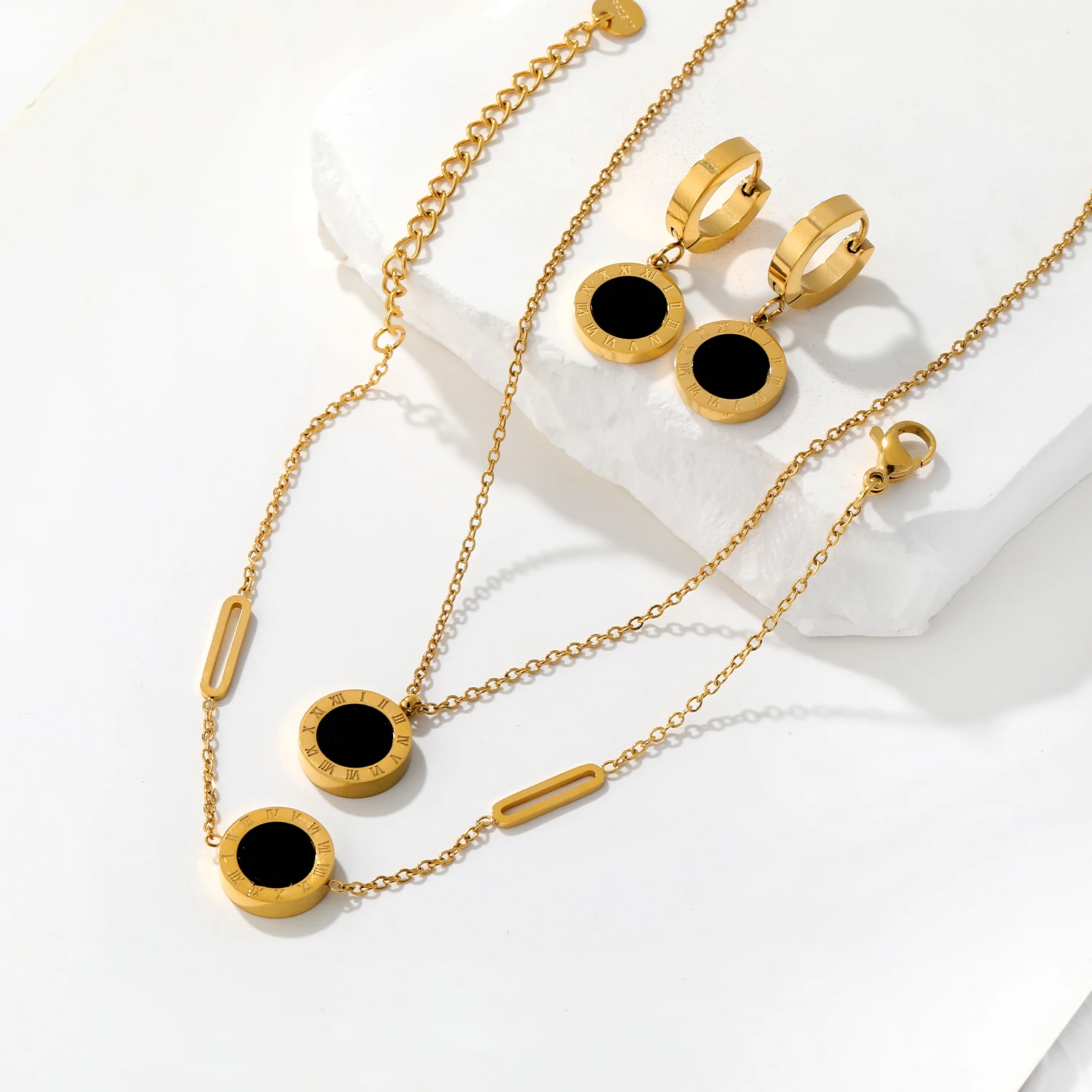 3pcs Woman Men Fashion Roman Digital Wafer Pendant Necklace Earrings Bracelets Stainless Steel Party Bridal Wedding Jewelry Sets