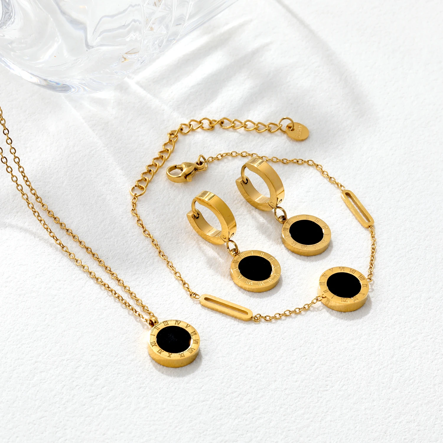 3pcs Woman Men Fashion Roman Digital Wafer Pendant Necklace Earrings Bracelets Stainless Steel Party Bridal Wedding Jewelry Sets