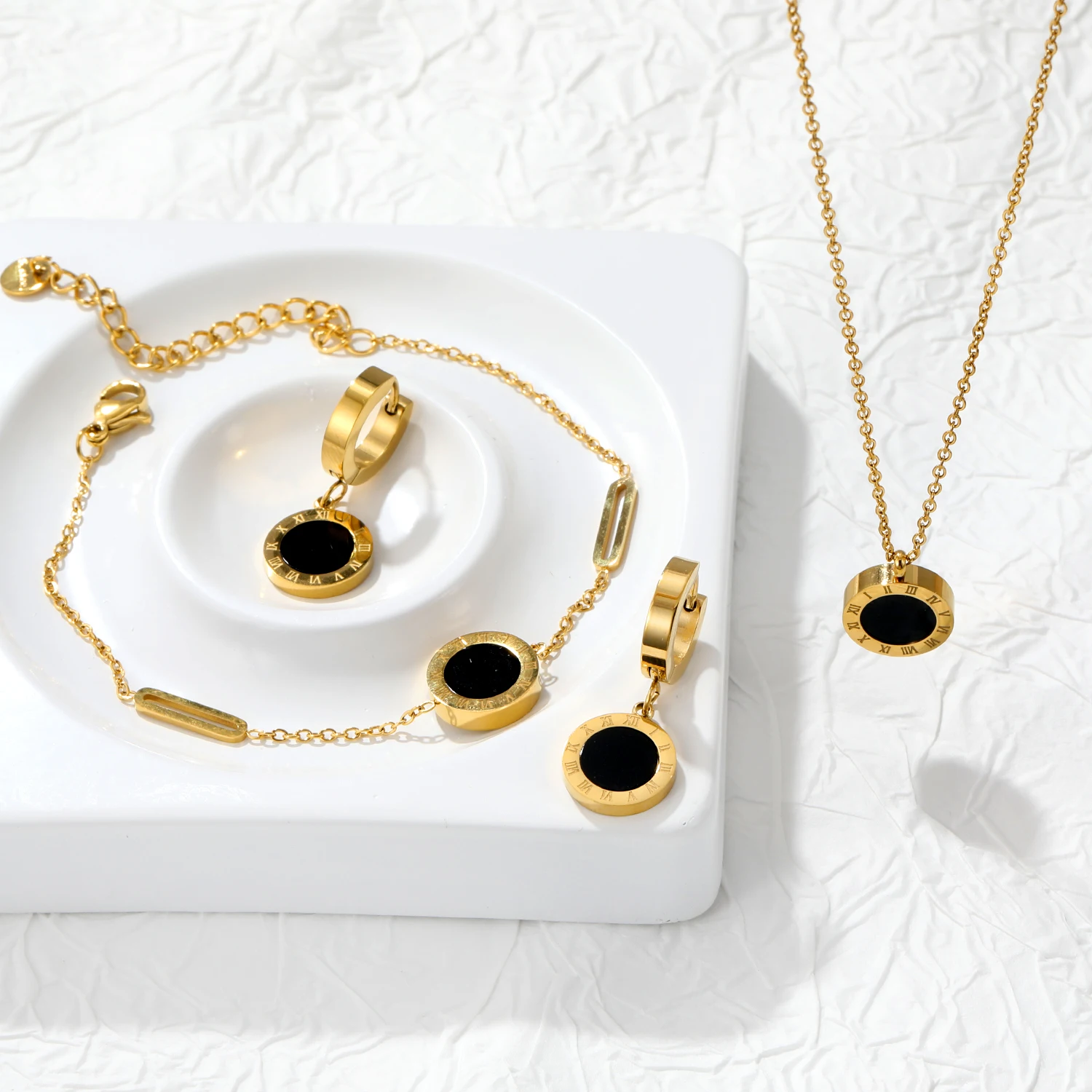 3pcs Woman Men Fashion Roman Digital Wafer Pendant Necklace Earrings Bracelets Stainless Steel Party Bridal Wedding Jewelry Sets
