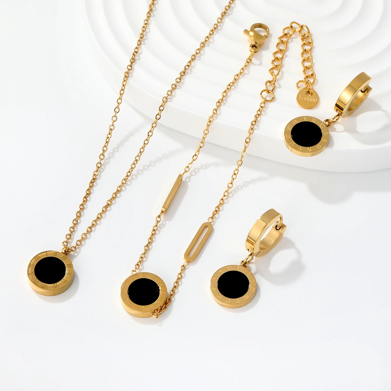 3pcs Woman Men Fashion Roman Digital Wafer Pendant Necklace Earrings Bracelets Stainless Steel Party Bridal Wedding Jewelry Sets