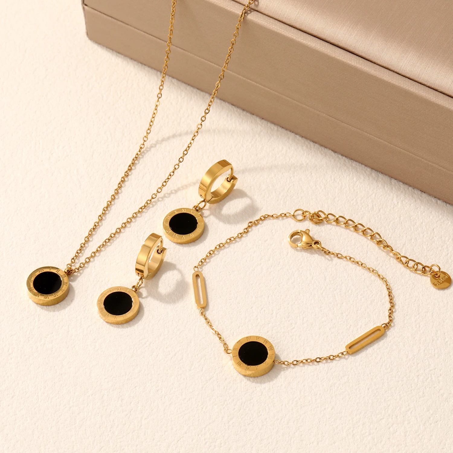 3pcs Woman Men Fashion Roman Digital Wafer Pendant Necklace Earrings Bracelets Stainless Steel Party Bridal Wedding Jewelry Sets