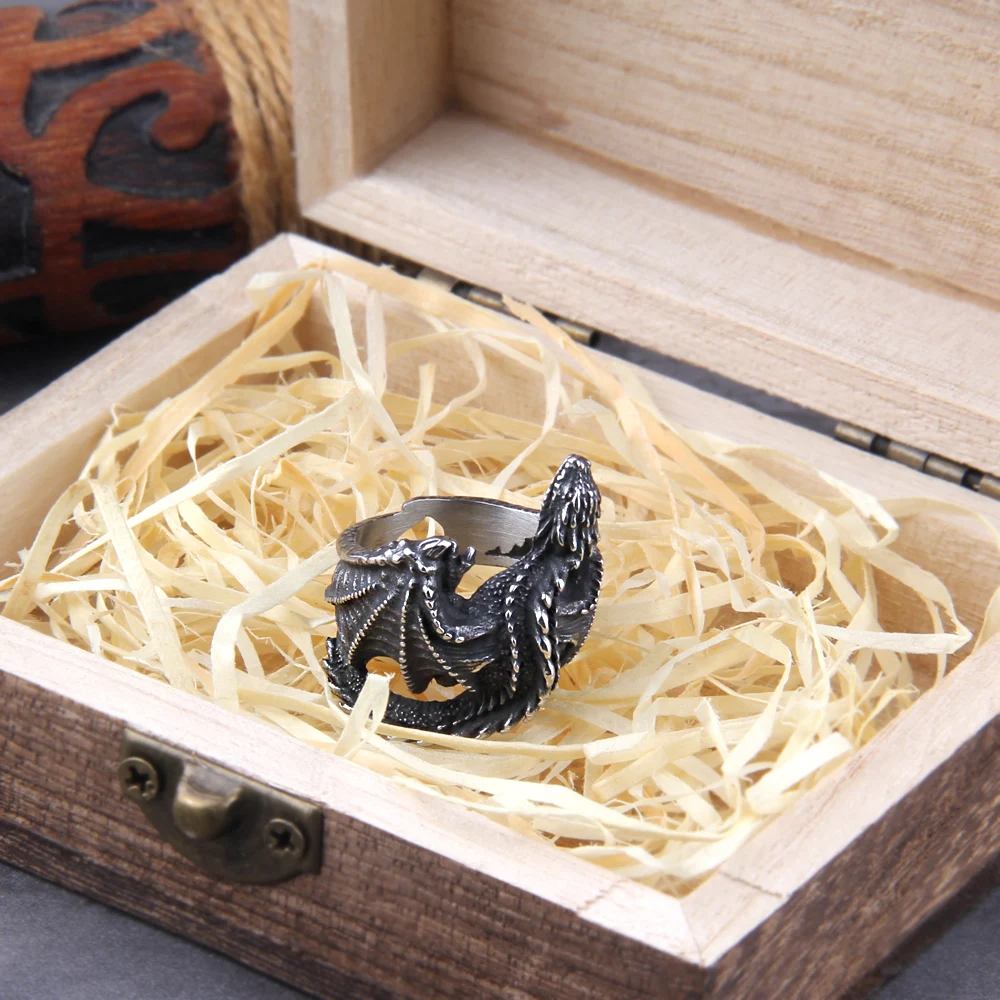 Viking Style Stainless Steel Huge Dragon Ring for Men Male Fashion Jewelry as gift with wooden box