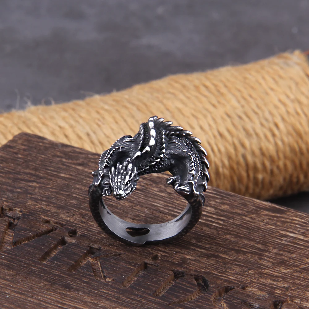 Viking Style Stainless Steel Huge Dragon Ring for Men Male Fashion Jewelry as gift with wooden box