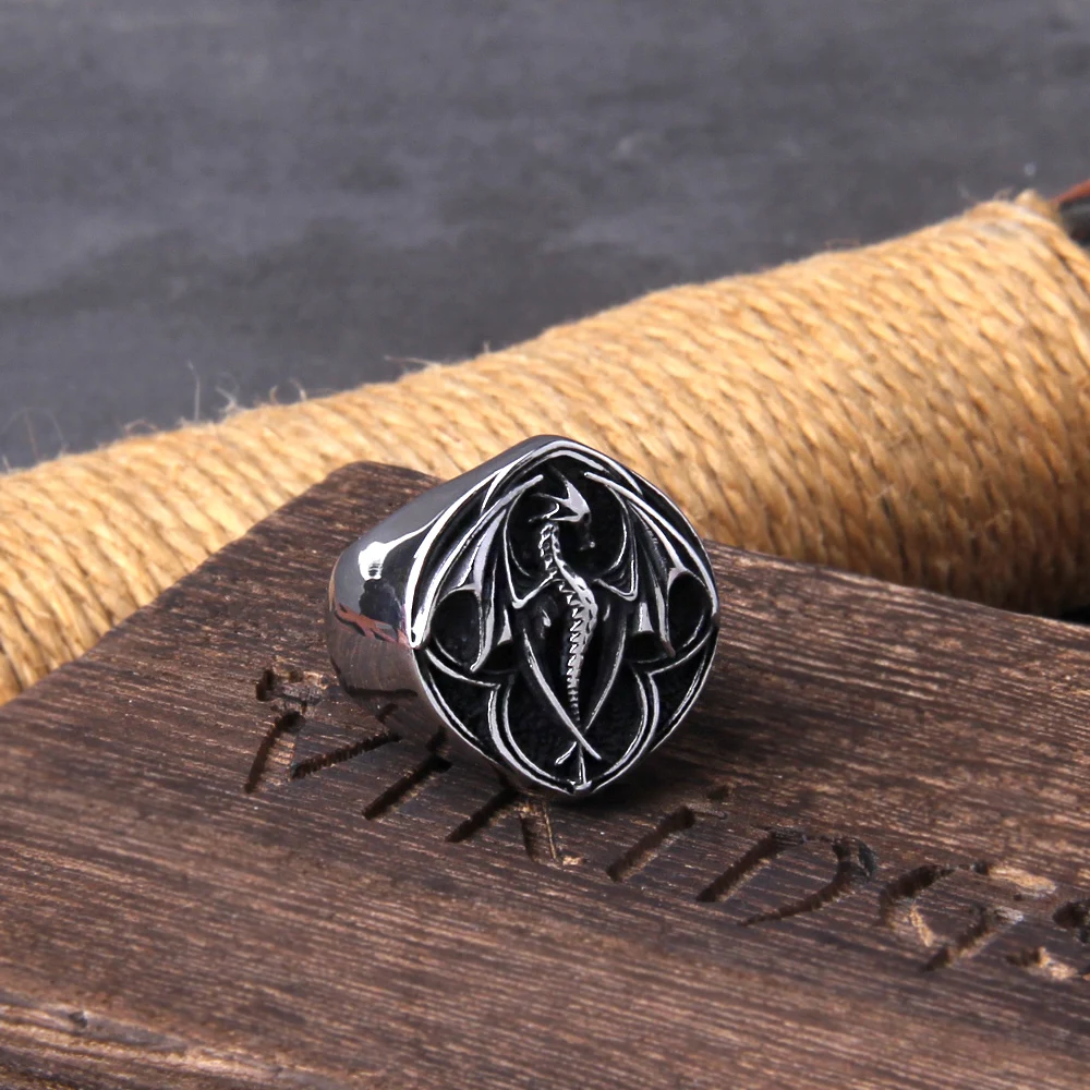 Viking Style Stainless Steel Huge Dragon Ring for Men Male Fashion Jewelry as gift with wooden box