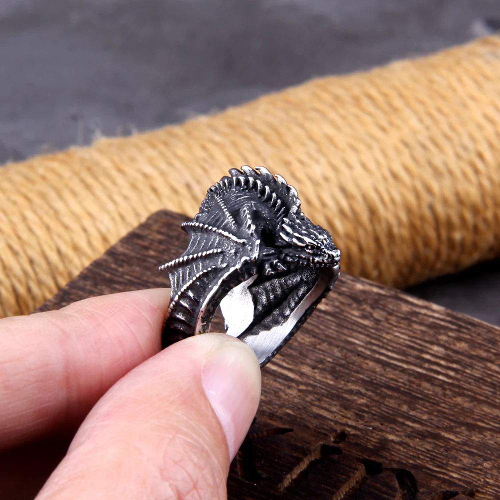 Viking Style Stainless Steel Huge Dragon Ring for Men Male Fashion Jewelry as gift with wooden box