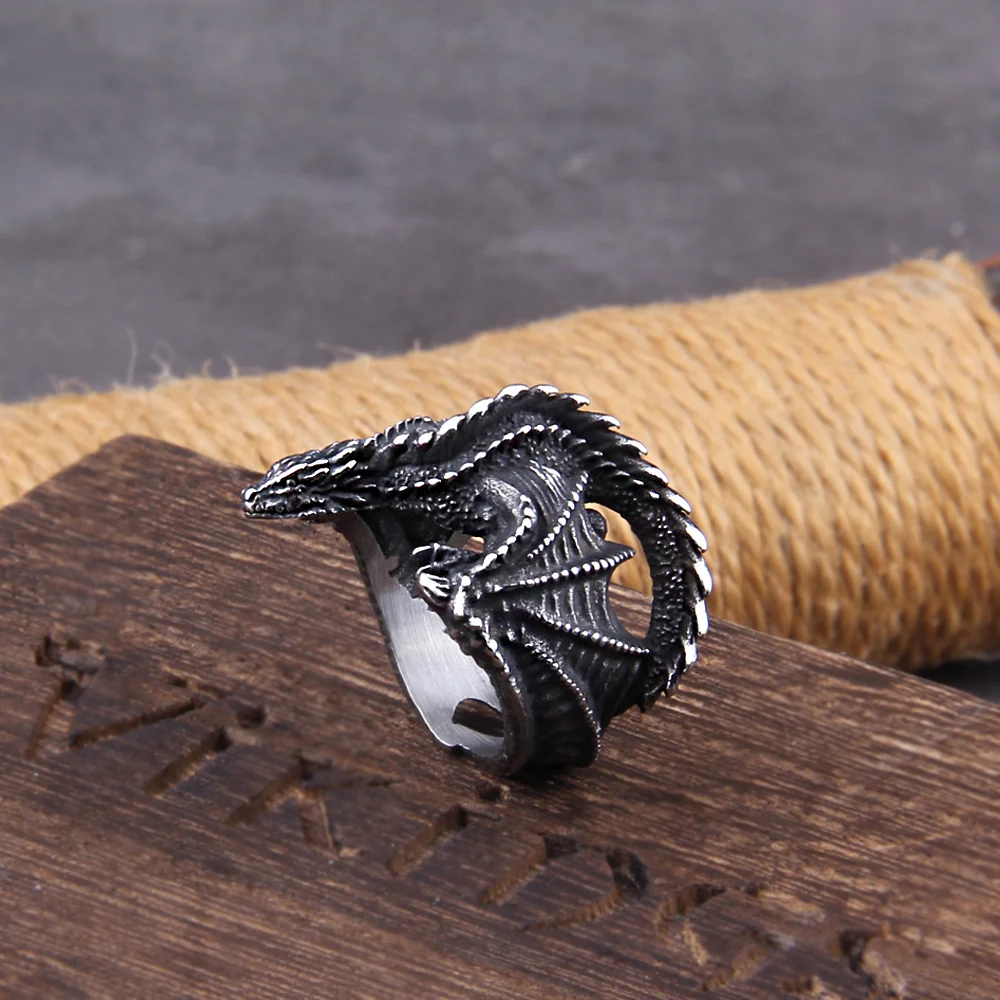 Viking Style Stainless Steel Huge Dragon Ring for Men Male Fashion Jewelry as gift with wooden box