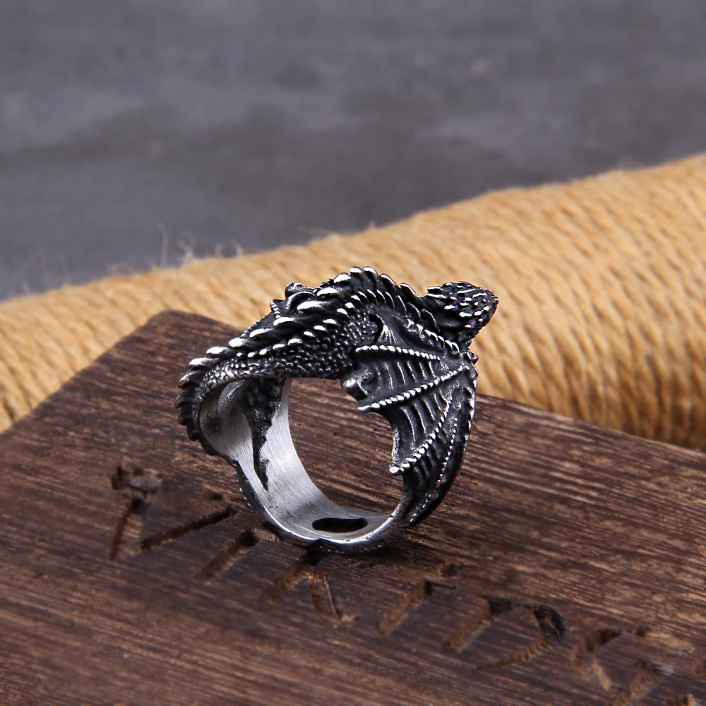 Viking Style Stainless Steel Huge Dragon Ring for Men Male Fashion Jewelry as gift with wooden box