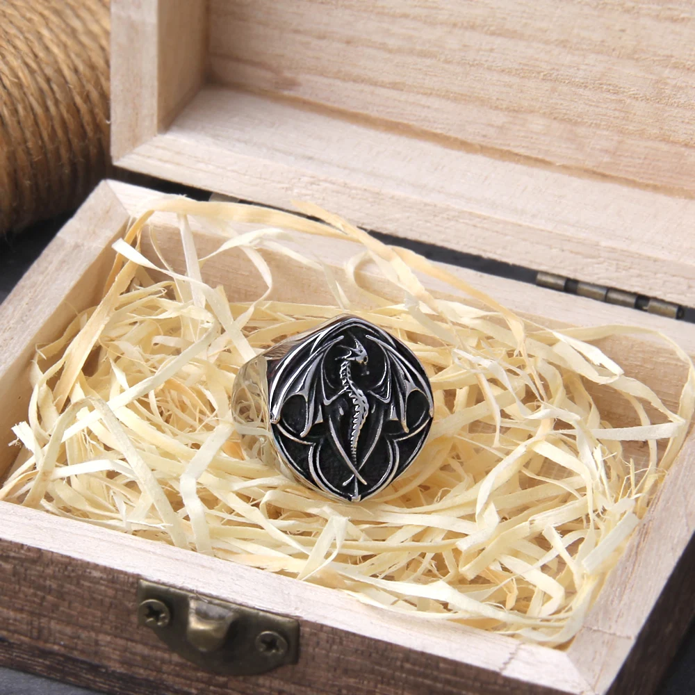 Viking Style Stainless Steel Huge Dragon Ring for Men Male Fashion Jewelry as gift with wooden box