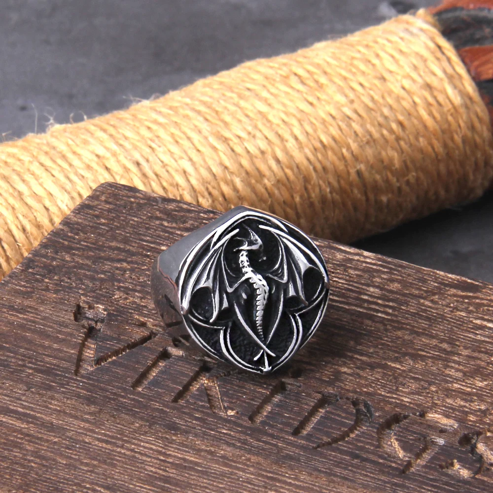 Viking Style Stainless Steel Huge Dragon Ring for Men Male Fashion Jewelry as gift with wooden box
