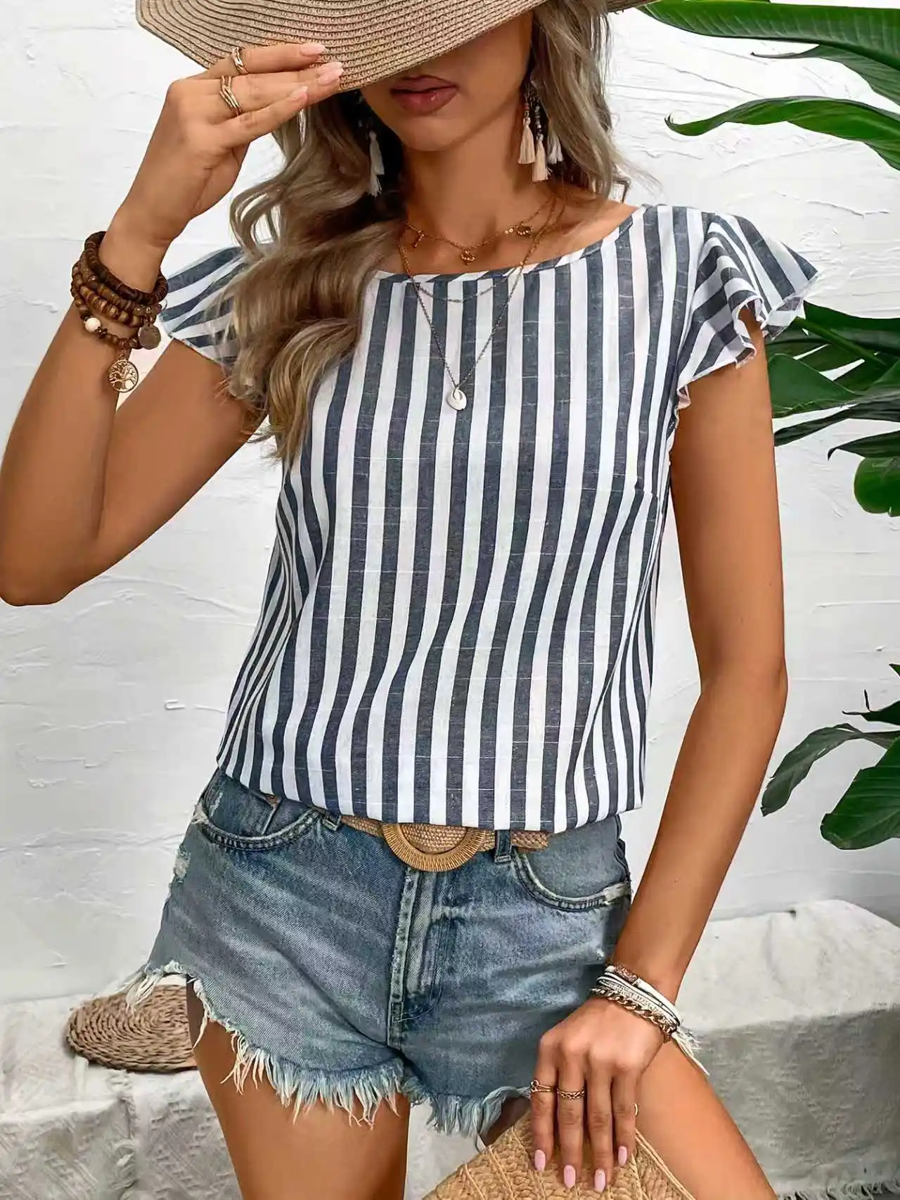 Women's Striped Ruffle-Sleeve Blouse | Back Button Detail Casual Top | Breathable Summer Shirt