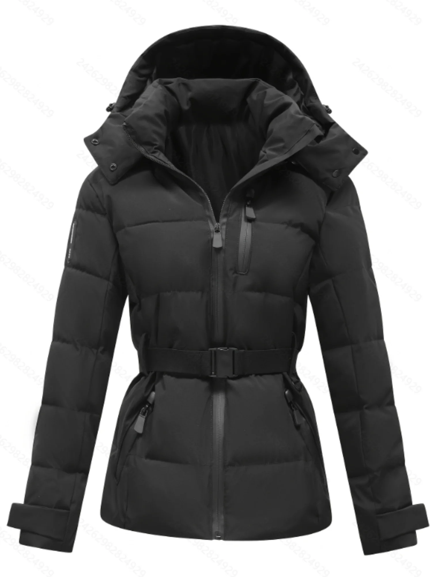 Women's Fashionable Winter Warm Jacket Casual Versatile Detachable Hood Coat with Belt Zippered Windproof Outdoor Clothes