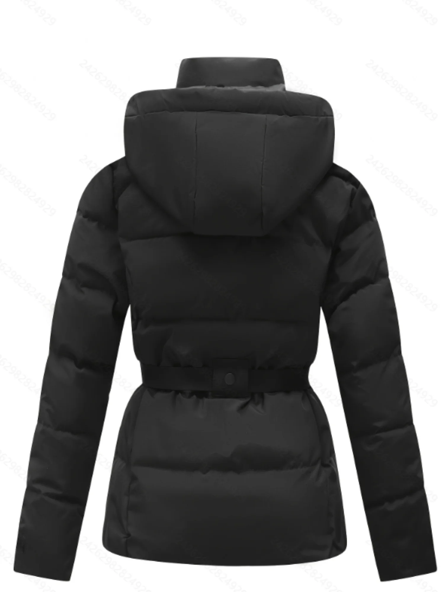 Women's Fashionable Winter Warm Jacket Casual Versatile Detachable Hood Coat with Belt Zippered Windproof Outdoor Clothes