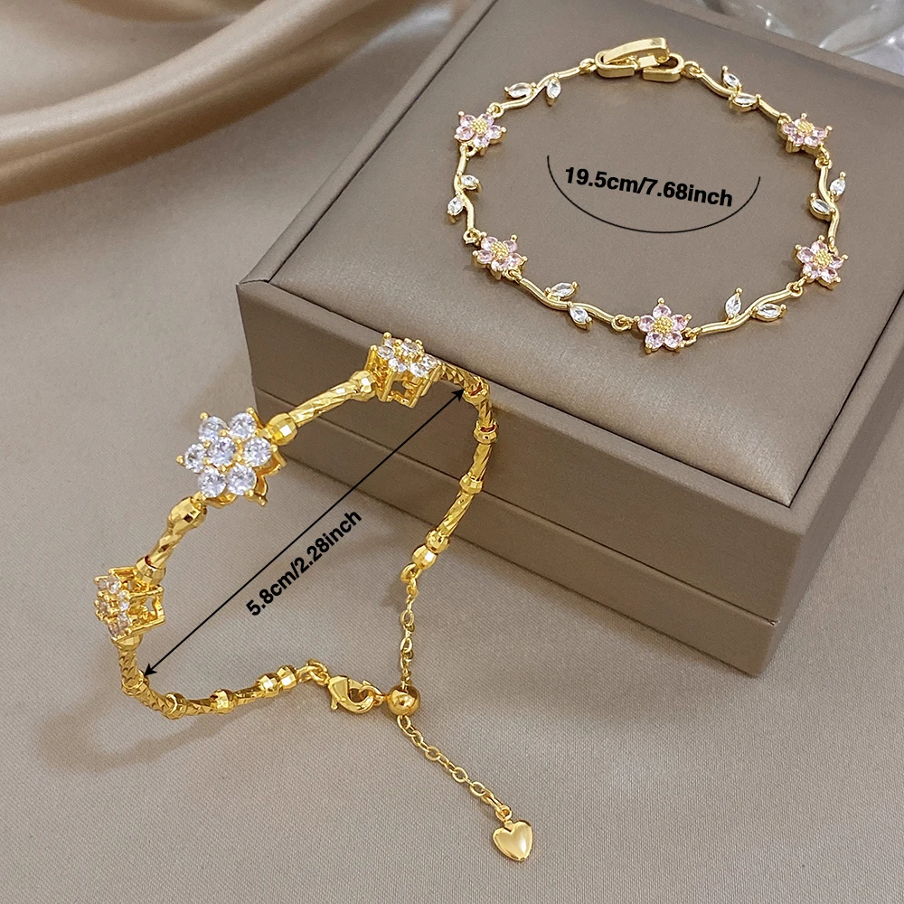 AENSOA Pink Flower White Cubic Zircon Filled Leaf Shape Bracelet For Women Men Charm Temperament Stainless Steel Unique Bangle