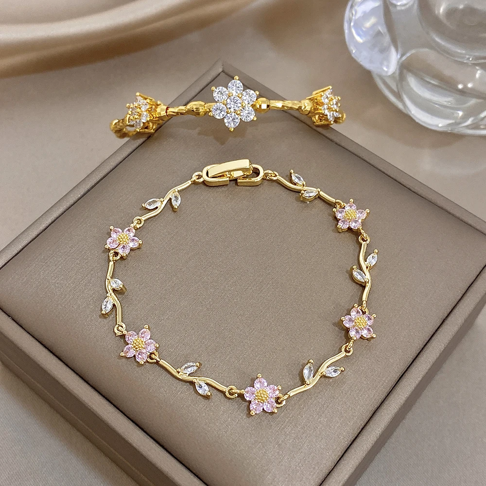AENSOA Pink Flower White Cubic Zircon Filled Leaf Shape Bracelet For Women Men Charm Temperament Stainless Steel Unique Bangle