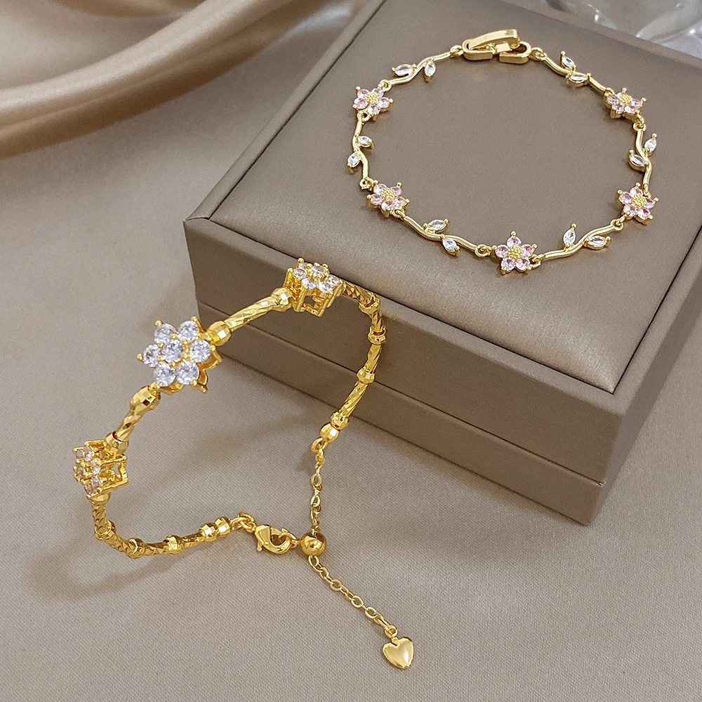 AENSOA Pink Flower White Cubic Zircon Filled Leaf Shape Bracelet For Women Men Charm Temperament Stainless Steel Unique Bangle