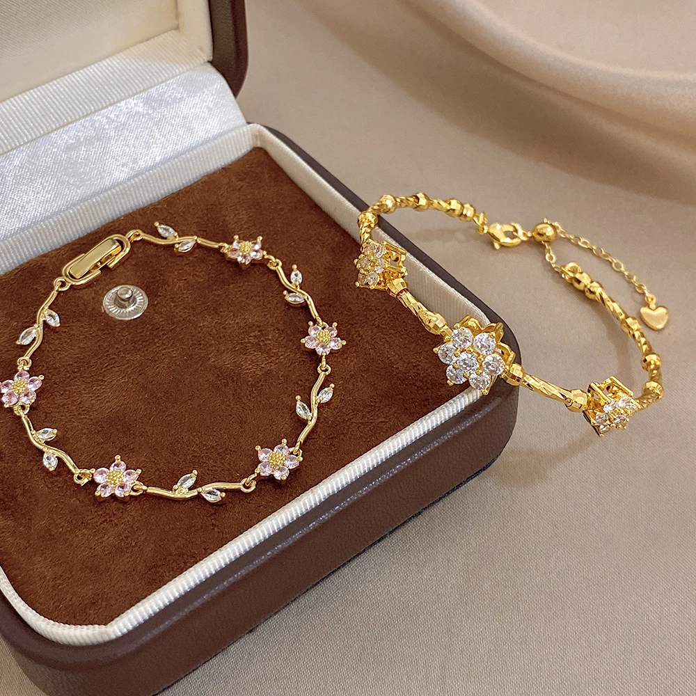 AENSOA Pink Flower White Cubic Zircon Filled Leaf Shape Bracelet For Women Men Charm Temperament Stainless Steel Unique Bangle