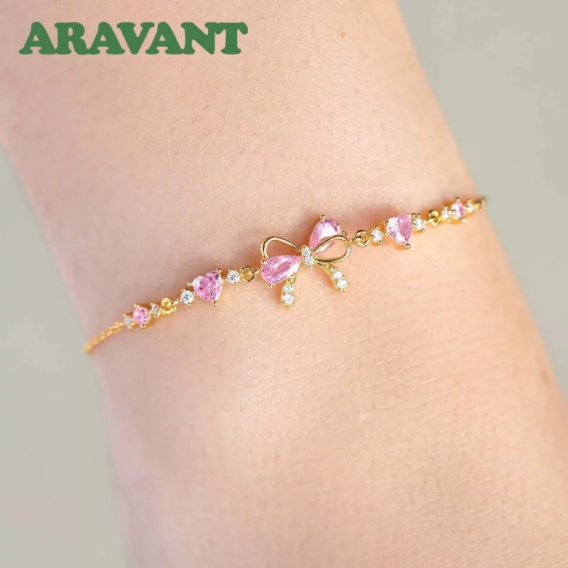 ARAVANT 925 Silver 18K Gold Bow Pink Zircon Bracelet Chains For Women Charm Jewelry