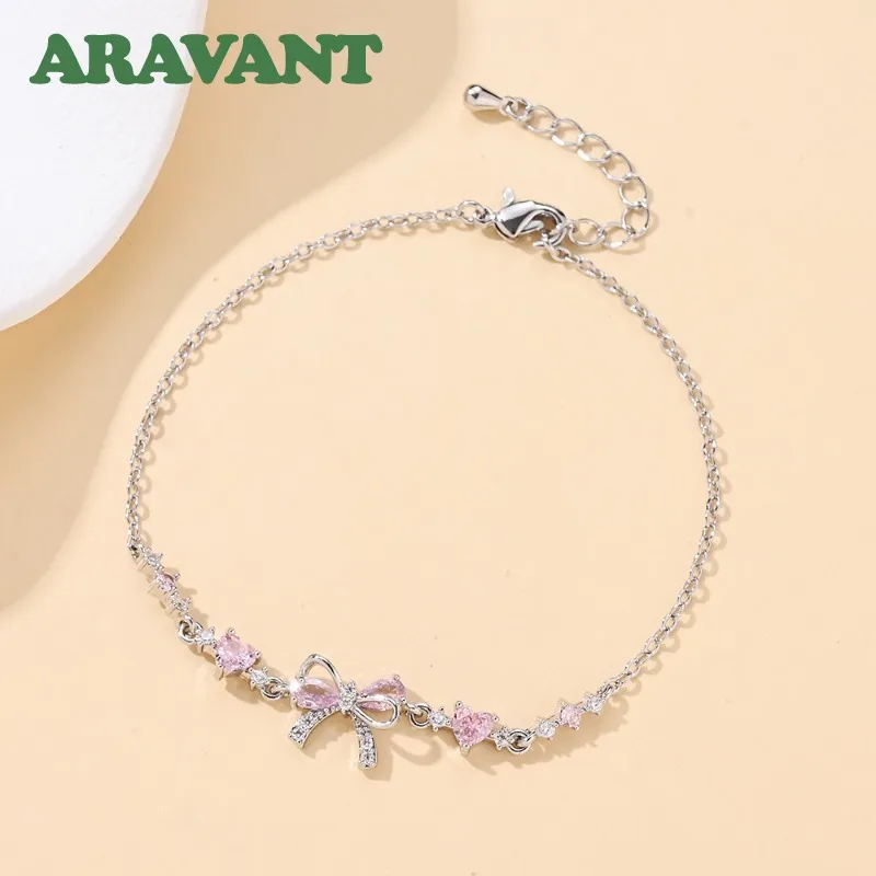 ARAVANT 925 Silver 18K Gold Bow Pink Zircon Bracelet Chains For Women Charm Jewelry