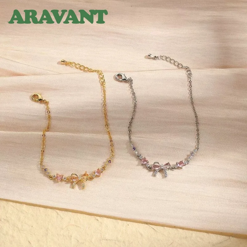 ARAVANT 925 Silver 18K Gold Bow Pink Zircon Bracelet Chains For Women Charm Jewelry