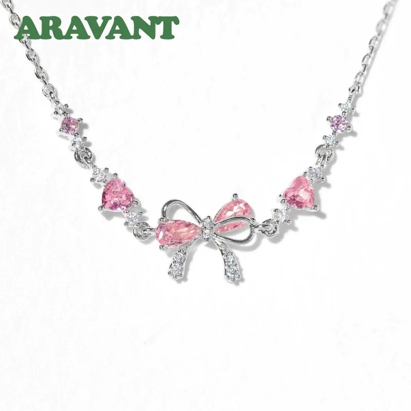 ARAVANT 925 Silver 18K Gold Bow Pink Zircon Bracelet Chains For Women Charm Jewelry