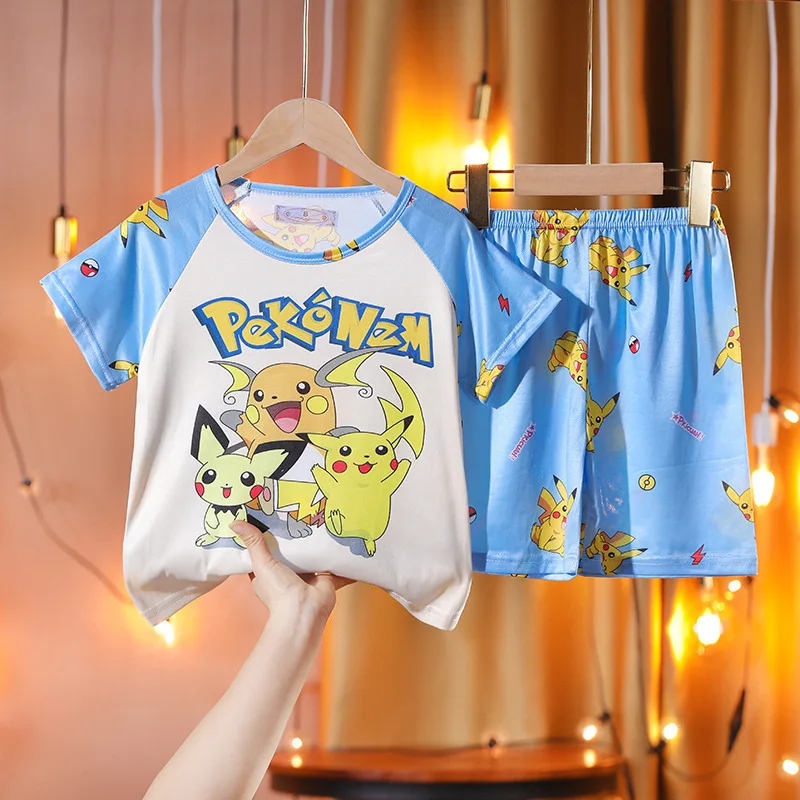 Animal Cartoon Boys Summer Pikachu Pajamas Sets Kids Summer Tops + Shorts Cartoon Sleepwear Pyjamas Toddler Kids Clothes Suits