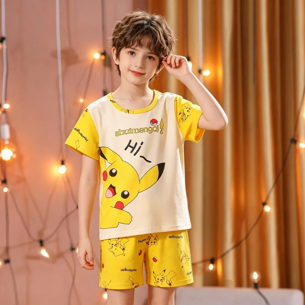 Animal Cartoon Boys Summer Pikachu Pajamas Sets Kids Summer Tops + Shorts Cartoon Sleepwear Pyjamas Toddler Kids Clothes Suits