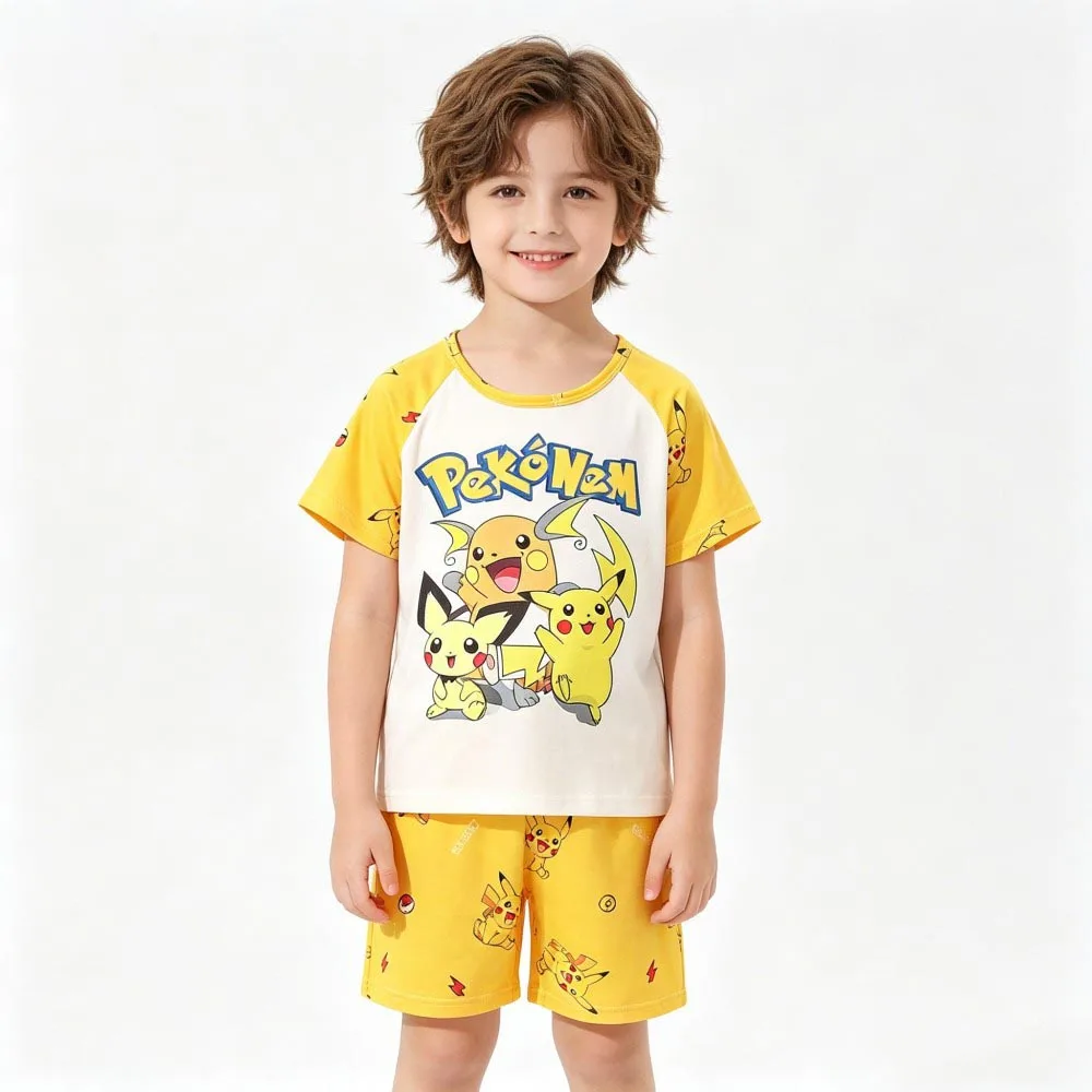 Animal Cartoon Boys Summer Pikachu Pajamas Sets Kids Summer Tops + Shorts Cartoon Sleepwear Pyjamas Toddler Kids Clothes Suits