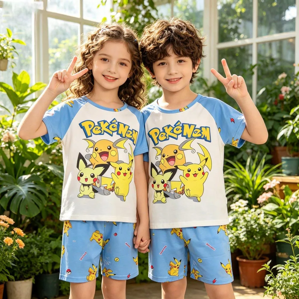 Animal Cartoon Boys Summer Pikachu Pajamas Sets Kids Summer Tops + Shorts Cartoon Sleepwear Pyjamas Toddler Kids Clothes Suits