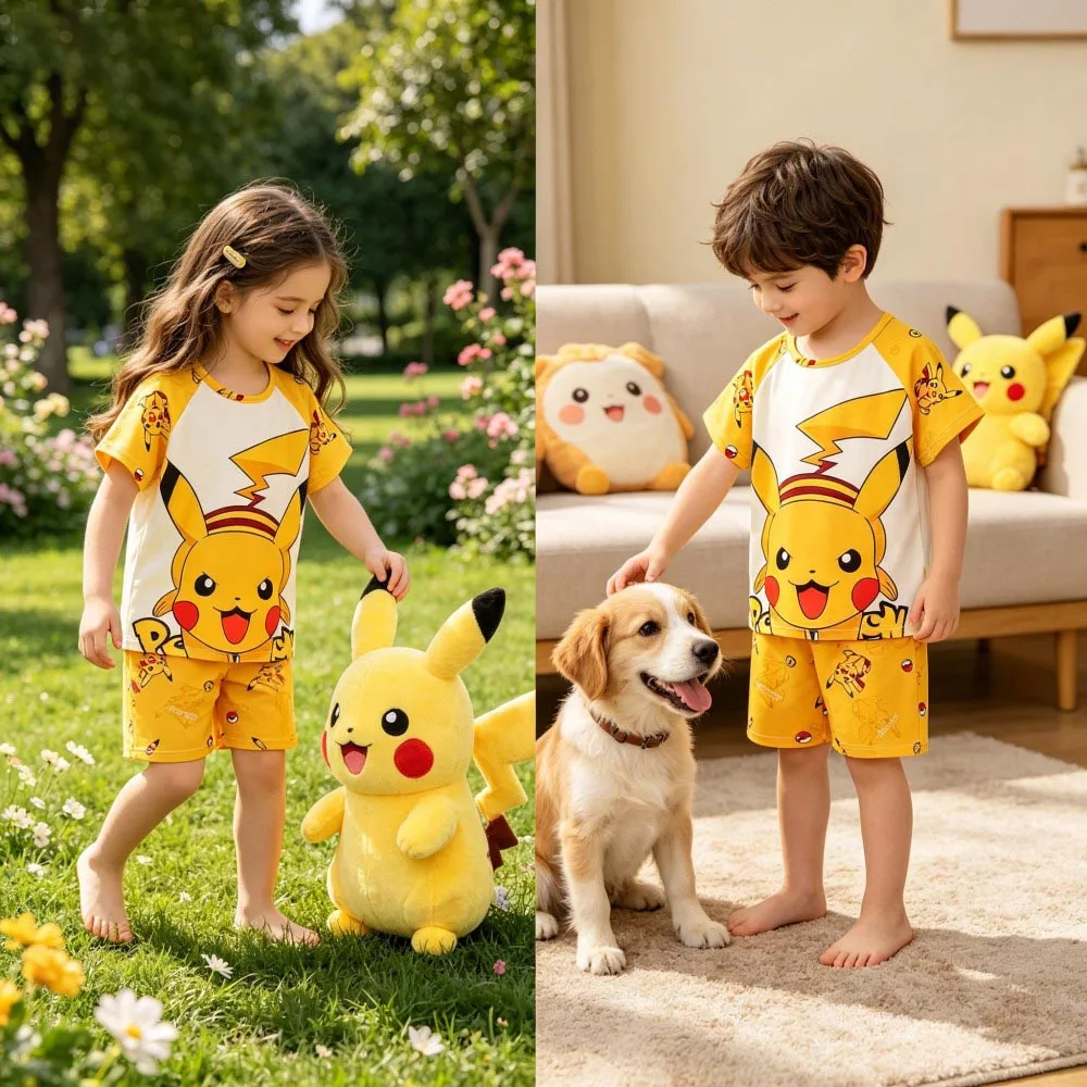 Animal Cartoon Boys Summer Pikachu Pajamas Sets Kids Summer Tops + Shorts Cartoon Sleepwear Pyjamas Toddler Kids Clothes Suits