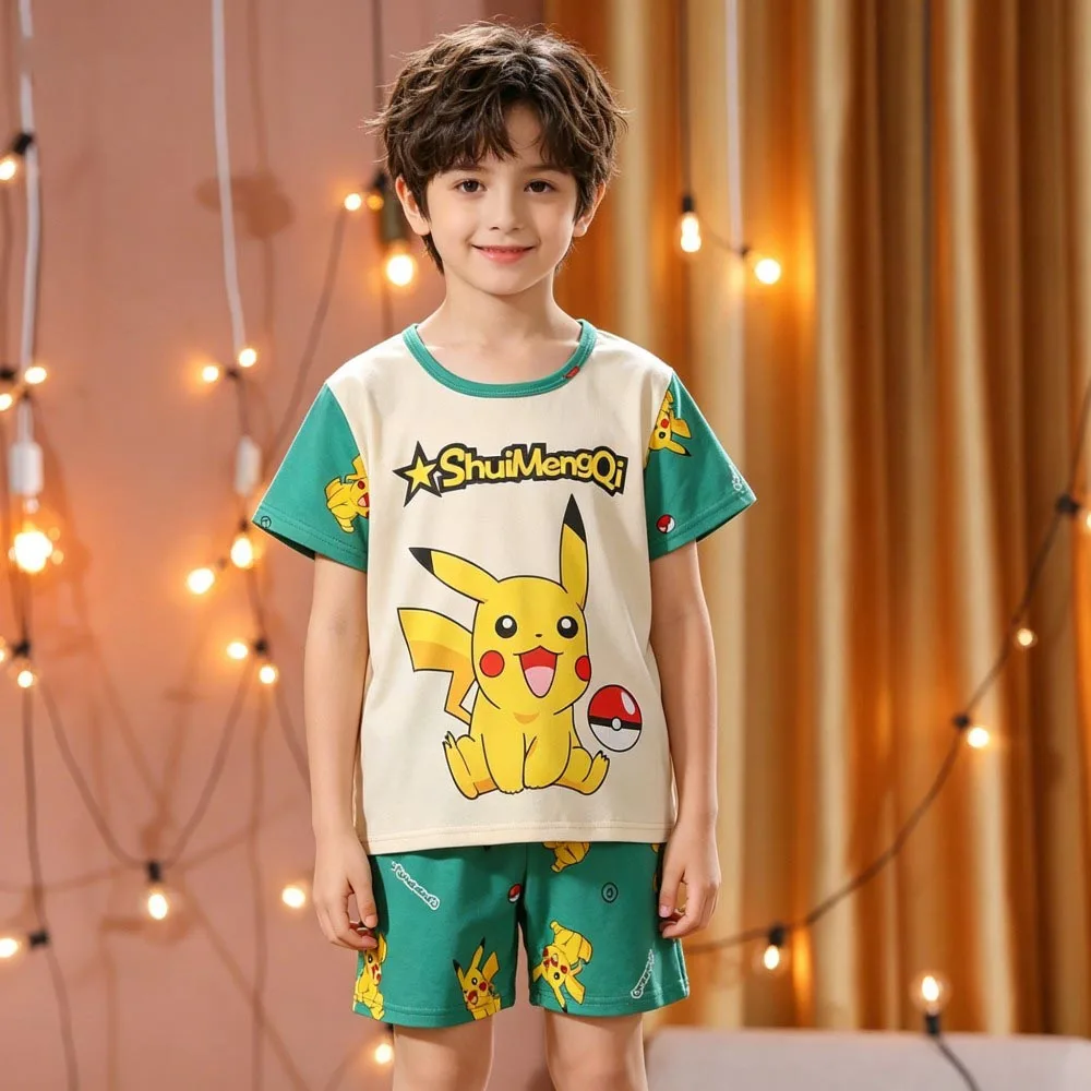 Animal Cartoon Boys Summer Pikachu Pajamas Sets Kids Summer Tops + Shorts Cartoon Sleepwear Pyjamas Toddler Kids Clothes Suits