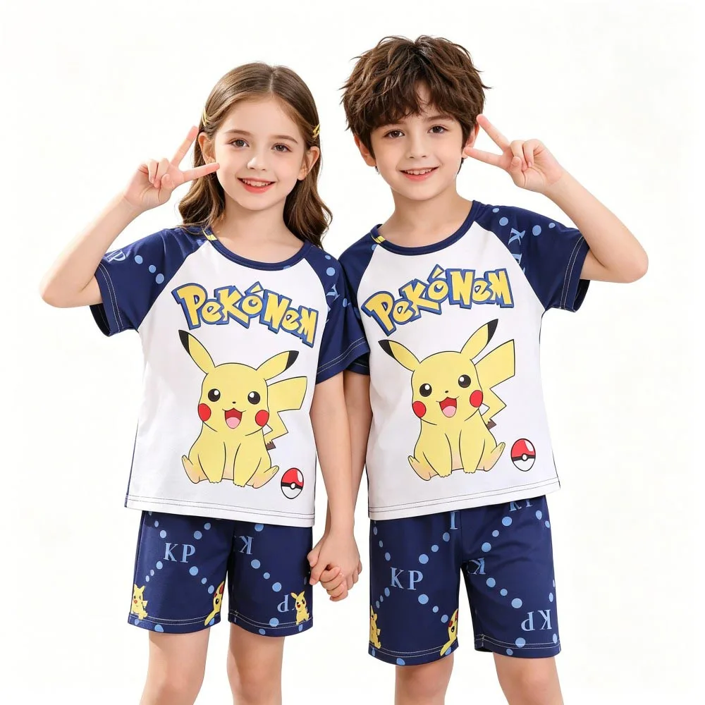 Animal Cartoon Boys Summer Pikachu Pajamas Sets Kids Summer Tops + Shorts Cartoon Sleepwear Pyjamas Toddler Kids Clothes Suits