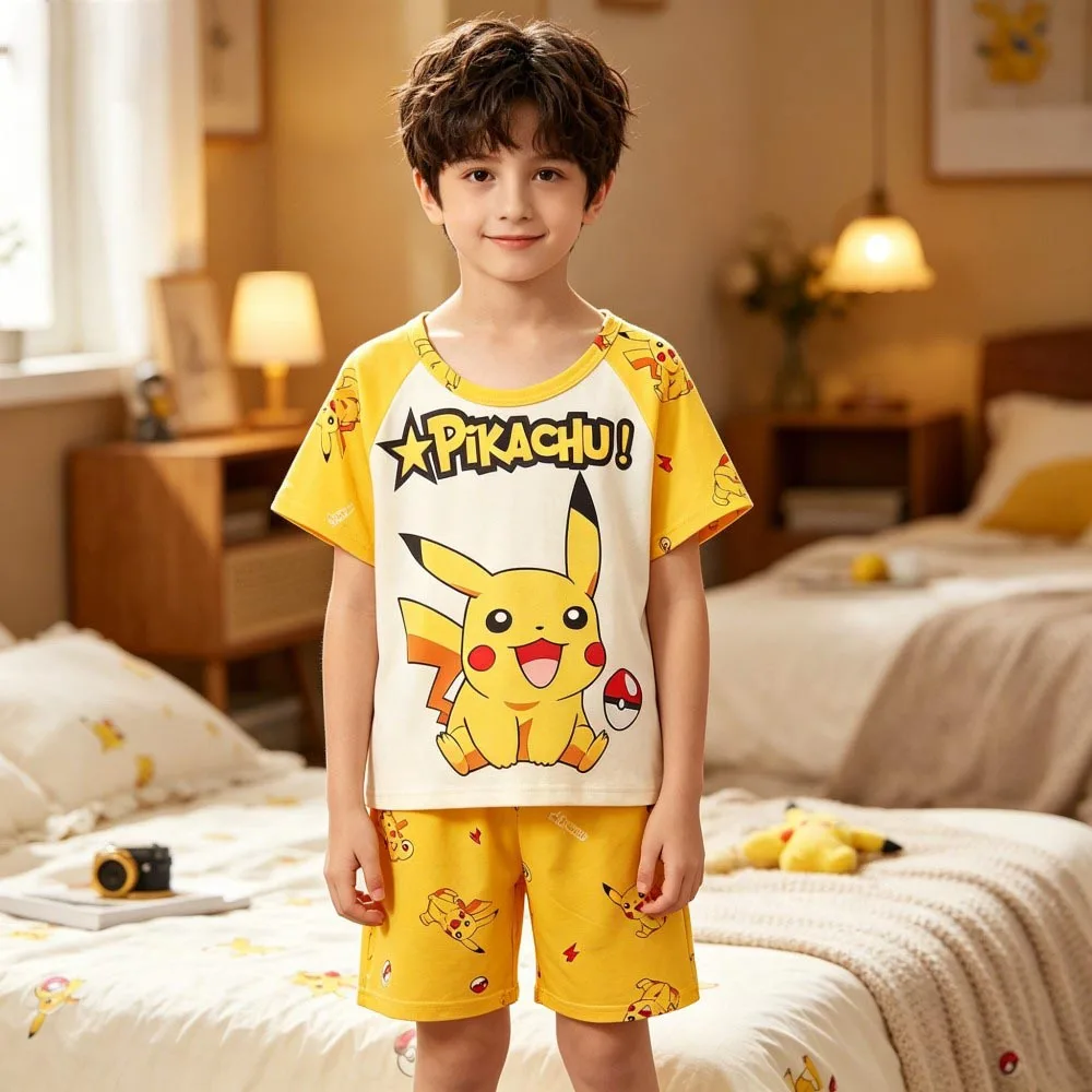 Animal Cartoon Boys Summer Pikachu Pajamas Sets Kids Summer Tops + Shorts Cartoon Sleepwear Pyjamas Toddler Kids Clothes Suits