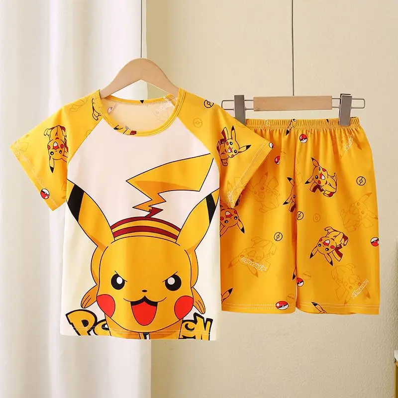 Animal Cartoon Boys Summer Pikachu Pajamas Sets Kids Summer Tops + Shorts Cartoon Sleepwear Pyjamas Toddler Kids Clothes Suits